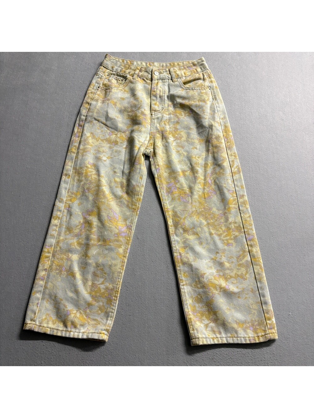 Unbranded Floral Acid Wash Jeans Womens L Yellow Purple High Rise Wide Leg